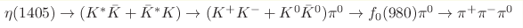 \eta(1405)\to
(K^*\bar K+\bar K^*K)\to(K^+K^-+K^0\bar K^0)\pi^0\to f_0(980)\pi^0
\to\pi^+\pi^- \pi^0