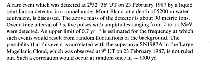 A rare event which was detected at 2<sup>h</sup>32<sup>m</sup>36<sup>s</sup> UT on 23 February 1987 by a liquid scintillation detector in a tunnel under Mont Blanc, at a depth of 5200 m water equivalent, is discussed. The active mass of the detector is about 90 metric tons. Over a time interval of 7 s, five pulses with amplitudes ranging from 7 to 11 MeV were detected. An upper limit of 0.7 yr~<sup>1</sup> is estimated for the frequency at which such events would result from random fluctuations of the background. The possibility that this event is correlated with the supernova SN1987A in the Large Magellanic Cloud, which was observed at 9<sup>h</sup> UT on 23 February 1987, is not ruled out. Such a correlation would occur at random once in ~ 1000 yr.