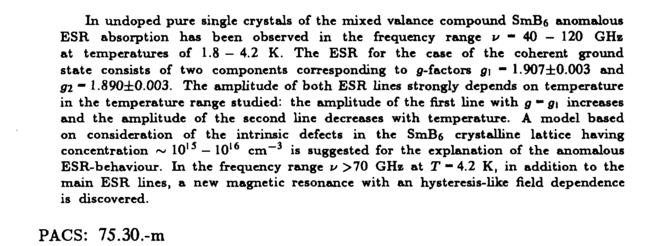 <b>In undoped pure single crystals of the mixed valance compound SmBe anomalous ESR absorption has been observed in the frequency range <i>ν ~ </i>40 — 120 GHz at temperatures of 1.8 — 4.2 K. The ESR for the case of the coherent ground state consists of two components corresponding to g-factors <i>g\ ~ </i>1.9O7±O.O03 and <i>дг — </i>1.890±0.003. The amplitude of both ESR lines strongly depends on temperature in the temperature range studied: the amplitude of the first line with <i>g " g\ </i>increases and the amplitude of the second line decreases with temperature. A model based on consideration of the intrinsic defects in the SmBe crystalline lattice having concentration ~ 10'<sup>5</sup> — 10'* cm<sup>-3</sup> is suggested for the explanation of the anomalous ESR-behaviour. In the frequency range <i>ν </i>>70 GHz at Τ 4.2 К, in addition to the main ESR lines, a new magnetic resonance with an hysteresis-like field dependence is discovered.</b> <b>PACS: </b><a href="http://75.30.-m"><b>75.30.-m</b></a>